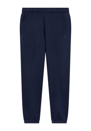 Navy blue sweatpants with an elastic waistband, side pockets, and cuffed ankles. Made of soft fabric featuring a discreet logo.