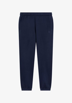 Navy blue sweatpants with an elastic waistband, side pockets, and cuffed ankles. Made of soft fabric featuring a discreet logo.