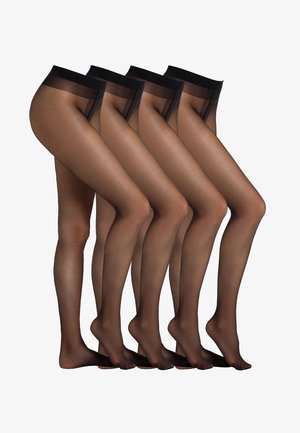 Des collants noirs transparents disposés en ligne, affichant une texture lisse, augmentant en opacité vers le bandeau, avec une taille semi-transparente.