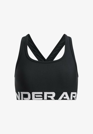 Juodos spalvos sportinė liemenėlė su sukryžiuotomis nugaros petnešėlėmis ir plačia elastine juosta apačioje, ant kurios ryškiai baltas užrašas „UNDER ARMOUR“.