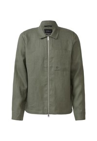 Groene, ritsjack met een puntige kraag, enkele borstzak en lange mouwen. Gemaakt van lichtgewicht materiaal met een gestructureerde afwerking.