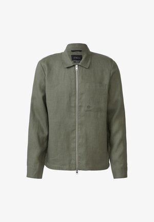 Grüne Zip-Jacke mit spitzem Kragen, einer Brusttasche und langen Ärmeln. Hergestellt aus leichtem Stoff mit einer strukturierten Oberfläche.