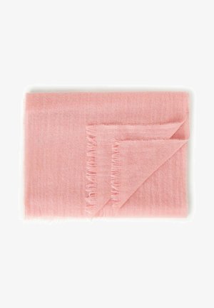 Ljusrosa rektangulär scarf gjord av mjukt, texturerat tyg. Har fransade kanter och ett lagerfalt i ena hörnet.