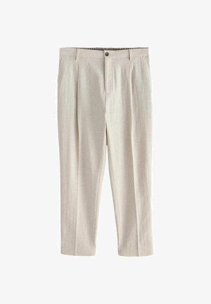 Beige formelle Hose mit Gürtelschlaufen, vorderer Knopfleiste, Reißverschluss, Seitentaschen und einer abgesteppten Bügelfalte entlang der Beine.