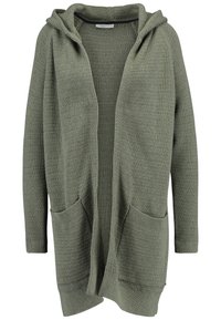 Oliven grøn strikket cardigan med hætte, åben front og to forlommer. Teksturen er vævet og har et ribbet mønster på lommerne.