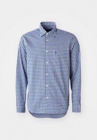 Chemise à manches longues à carreaux bleu et blanc avec col et une poche poitrine sur fond blanc.