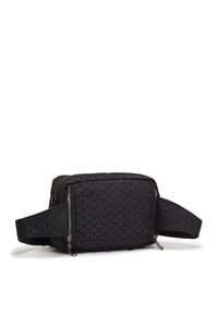 Black fabric crossbody bag with a geometric pattern, zippered compartments, and adjustable strap. Textured surface and subtle sheen.