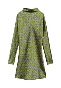 Vestido verde con mangas largas, que presenta un patrón geométrico repetido en gris oscuro. Tela suave con un corte relajado y un cuello alto.
