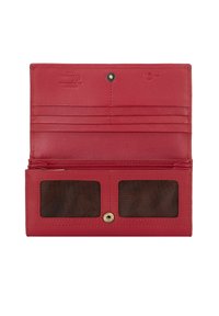 Portafoglio in pelle rossa con più scomparti per carte, due finestre trasparenti per ID, chiusura a scatto e texture liscia. L'interno presenta una fodera marrone.