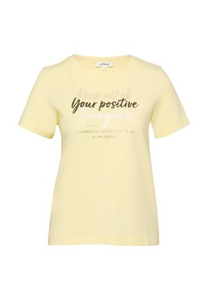 T-shirt jaune clair à manches courtes avec col rond et texte noir et blanc "Vos pensées positives !" au centre devant.