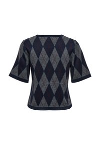 Pull manches courtes avec motif losanges argyle bleu marine et gris et détails subtils de lignes rouges, vu de dos.