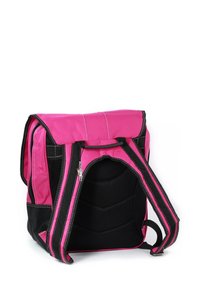 Sac à dos rose et noir en tissu résistant avec une fermeture éclair, des détails en maille et des bretelles rembourrées. Présente des accents de couture.