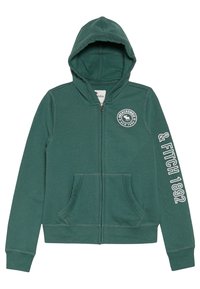 Haut à capuche zippé vert en mélange de coton. Présente un logo sur le devant, des poches latérales et des détails en texte sur la manche. Texture lisse.