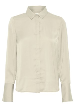 Beige blouse met lange mouwen, klassieke kraag, verborgen knopen aan de voorkant en brede manchetten.