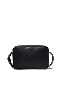 Black leather rectangular bag with a zip closure, featuring a detachable shoulder strap and embossed logo on the front.