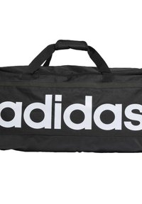 Borsa a tracolla nera realizzata in tessuto resistente, con un grande logo bianco "adidas" su un lato e due manici robusti.