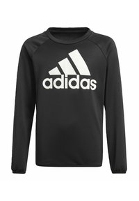 Czarna bluza z długim rękawem wykonana z gładkiego materiału, z dużym białym logo Adidas z przodu oraz rękawami raglanowymi.
