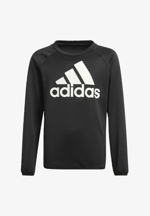 Zwarte long sleeve sweatshirt gemaakt van gladde stof, met een groot wit Adidas-logo op de voorkant en raglanmouwen.