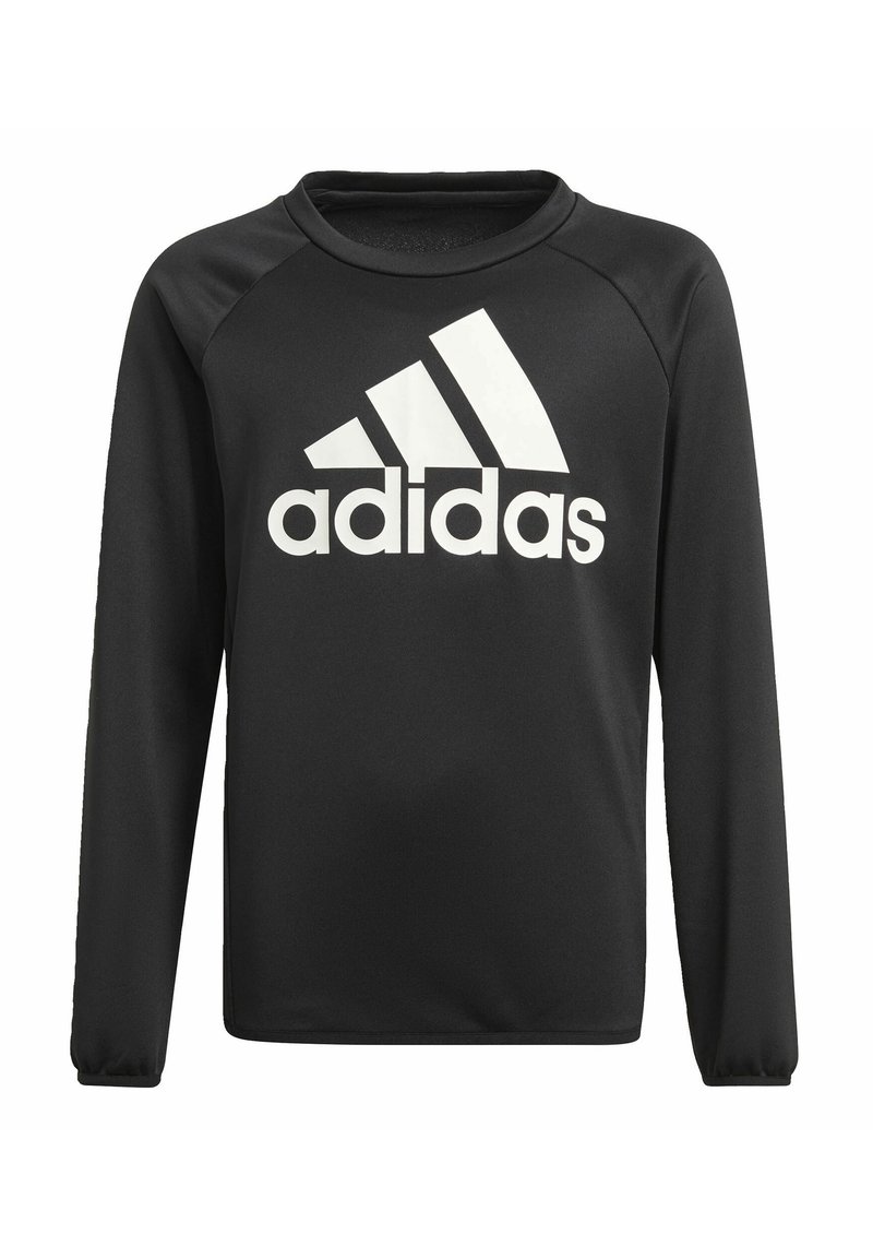 Czarna bluza z długim rękawem wykonana z gładkiego materiału, z dużym białym logo Adidas z przodu oraz rękawami raglanowymi.