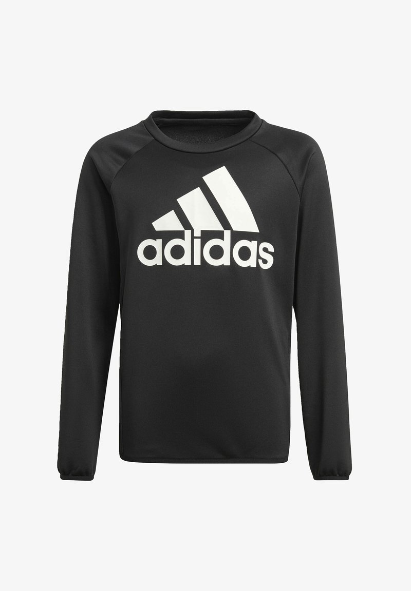 Czarna bluza z długim rękawem wykonana z gładkiego materiału, z dużym białym logo Adidas z przodu oraz rękawami raglanowymi.