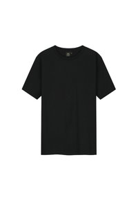 Zwarte T-shirt met korte mouwen van katoen. Heeft een ronde hals en een eenvoudig ontwerp zonder zichtbare logo's of patronen.