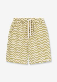 Shorts beige et blanc à taille élastique avec des rayures ondulées vertes et un cordon blanc, avec poches latérales et petite étiquette sur l'ourlet.