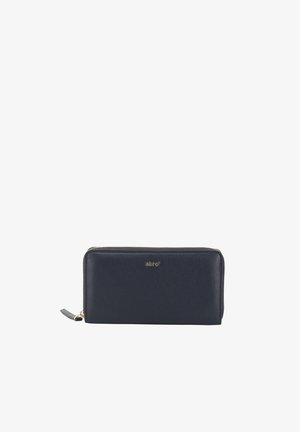Marineblaue Leder-Brieftasche mit Reißverschluss rundum, goldenem Logo und Zipper, rechteckige Form, glatte strukturierte Oberfläche.