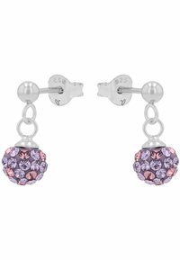 Pendientes de stud en tono plateado que presentan pendientes redondos adornados con piedras preciosas. Los colores incluyen tonos de púrpura y rosa, con cristales facetados.