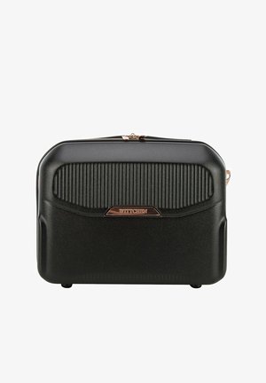 Zwarte harde cosmetica-case met ribbelstructuur, roségouden accenten en merkembleem. Voorzien van een ritssluiting en ronde hoeken.
