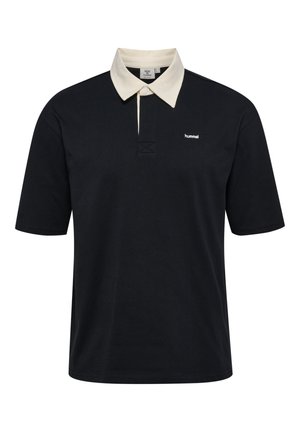 Schwarzes Kurzarm-Poloshirt mit weißem Kragen und kleinem „hummel“-Logo auf der linken Brustseite.