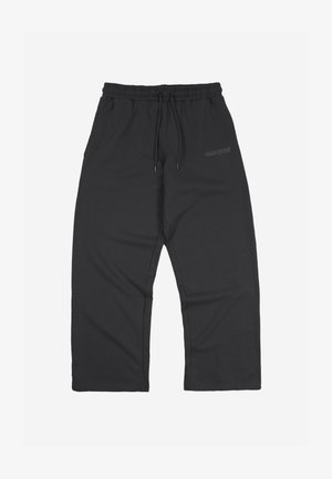 Pantaloni sportivi neri a gamba larga con vita elastica e coulisse, caratterizzati da un logo discreto sulla parte superiore della coscia sinistra.