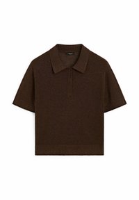 Brun kortärmad polo skjorta i texturerad stickad tyg, med klassisk krage och treknappslås, samt ribbade ärmslut och nederkant.