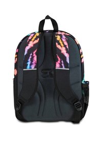 Zaino nero con motivi astratti colorati. Dotato di spallacci imbottiti, tasca laterale in rete e sottili riflessi. Materiale morbido.