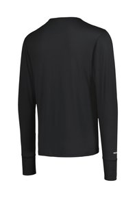 Czarna koszulka z długim rękawem i okrągłym dekoltem pokazana od tyłu, wykonana z gładkiego materiału z dopasowanymi mankietami i minimalnie widocznymi szwami.