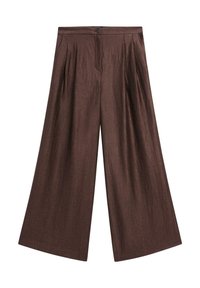 Pantalon marron à jambes larges avec plis, fermeture à bouton et fermeture éclair à l'avant, et poches latérales.