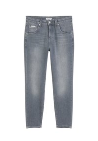 Grijze slim-fit denim jeans met vijf zakken, knoopsluiting en vervaagde details op de bovenbenen en knieën.