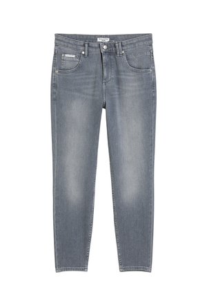 Jean denim gris ajusté avec cinq poches, fermeture à bouton et décoloration sur les cuisses et les genoux.