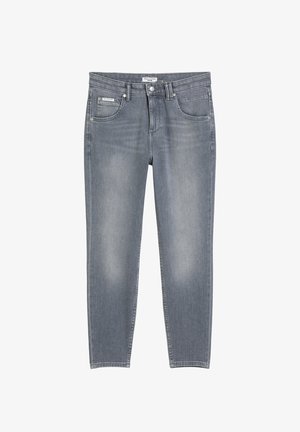 Graue Slim-Fit-Denimjeans mit fünf Taschen, Knopfverschluss und ausgeblichenen Details an Oberschenkeln und Knien.