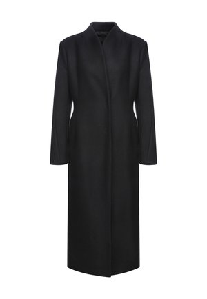 Cappotto di lana nera con colletto alto, maniche lunghe e taglio dritto. Design minimalistico senza chiusure o pattern visibili.