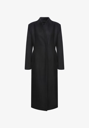 Must must coat kõrge krae, pikad varrukad ja sirge lõikega. Minimalistlik disain, ilma nähtavate sulgurete või mustriteta.