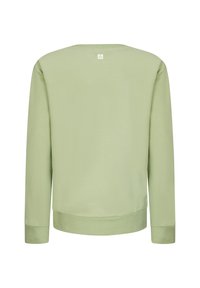 Pullover di colore verde chiaro con maniche lunghe, colletto rotondo e polsini a costine. Il materiale sembra morbido con una texture liscia e una minimal branding.