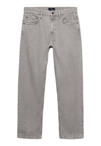 Jeans de denim gris con un diseño de pierna recta. Cuenta con cinco bolsillos, trabillas para el cinturón y un cierre de botón. Textura suave con un leve desgaste.