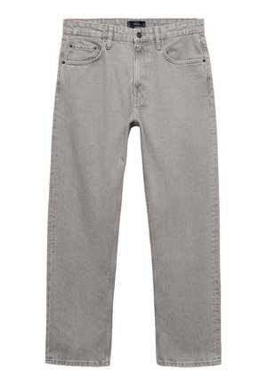 Jeans de denim gris con un diseño de pierna recta. Cuenta con cinco bolsillos, trabillas para el cinturón y un cierre de botón. Textura suave con un leve desgaste.