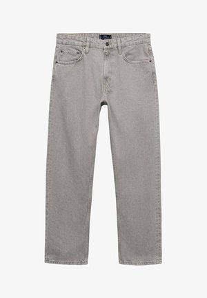 Szare dżinsy o prostym kroju nogawki. Posiadają pięć kieszeni, szlufki na pasek oraz zapięcie na guzik. Gładka tekstura z delikatnymi zniszczeniami.