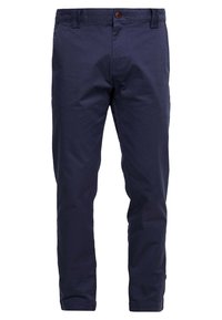 Mörkblå chinos i bomullsblandning med rak benpassform, framfickor, en knappstängning och en slät, matt yta.