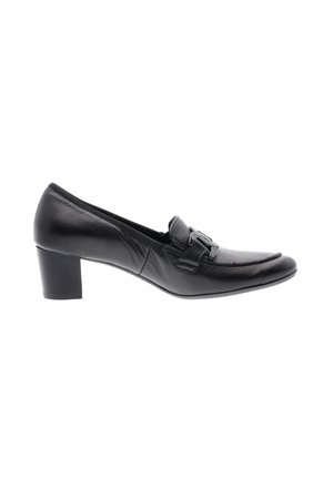 Chaussure noire en cuir avec un bout arrondi, une sangle décorative et un détail de boucle, texture lisse et un talon bloc de hauteur moyenne.