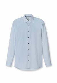 Helles blaues Langarmhemd mit kleinem dunklen Muster, Knopfleiste und klassischem Kragen. Verfügt über kontrastierende dunkle Knöpfe.