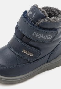Tumši zils ādas potīšu zābaks ar diviem Velcro siksnām, pelēks flīsa oderējums un teksturēta gumijas zole. Iespējas iekļauj nelielu sudraba Gore-Tex birku.
