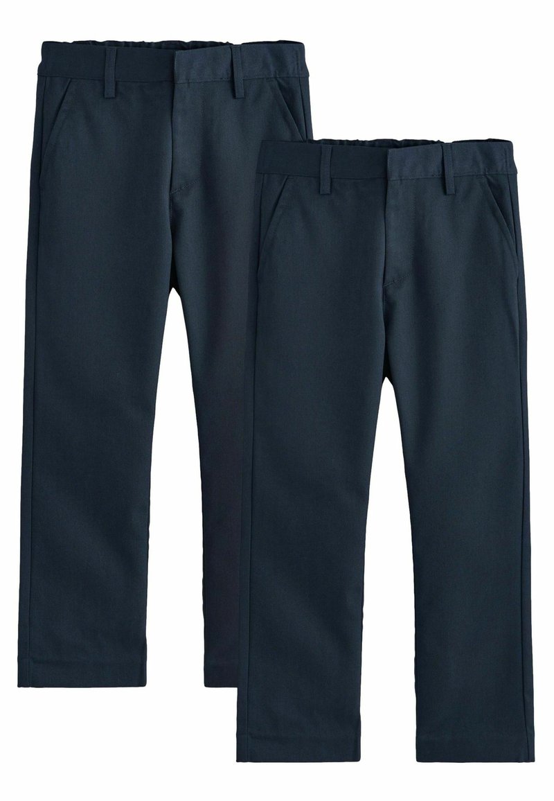 Pantalon bleu marine en tissu lisse, avec une taille munie de passants, des poches latérales et une coupe droite. Deux paires présentées.