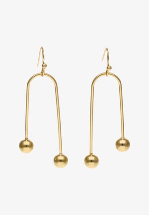 Øreringe i guldfarvet metal med hængende buede stænger, der ender i to polerede sfæriske perler hver.